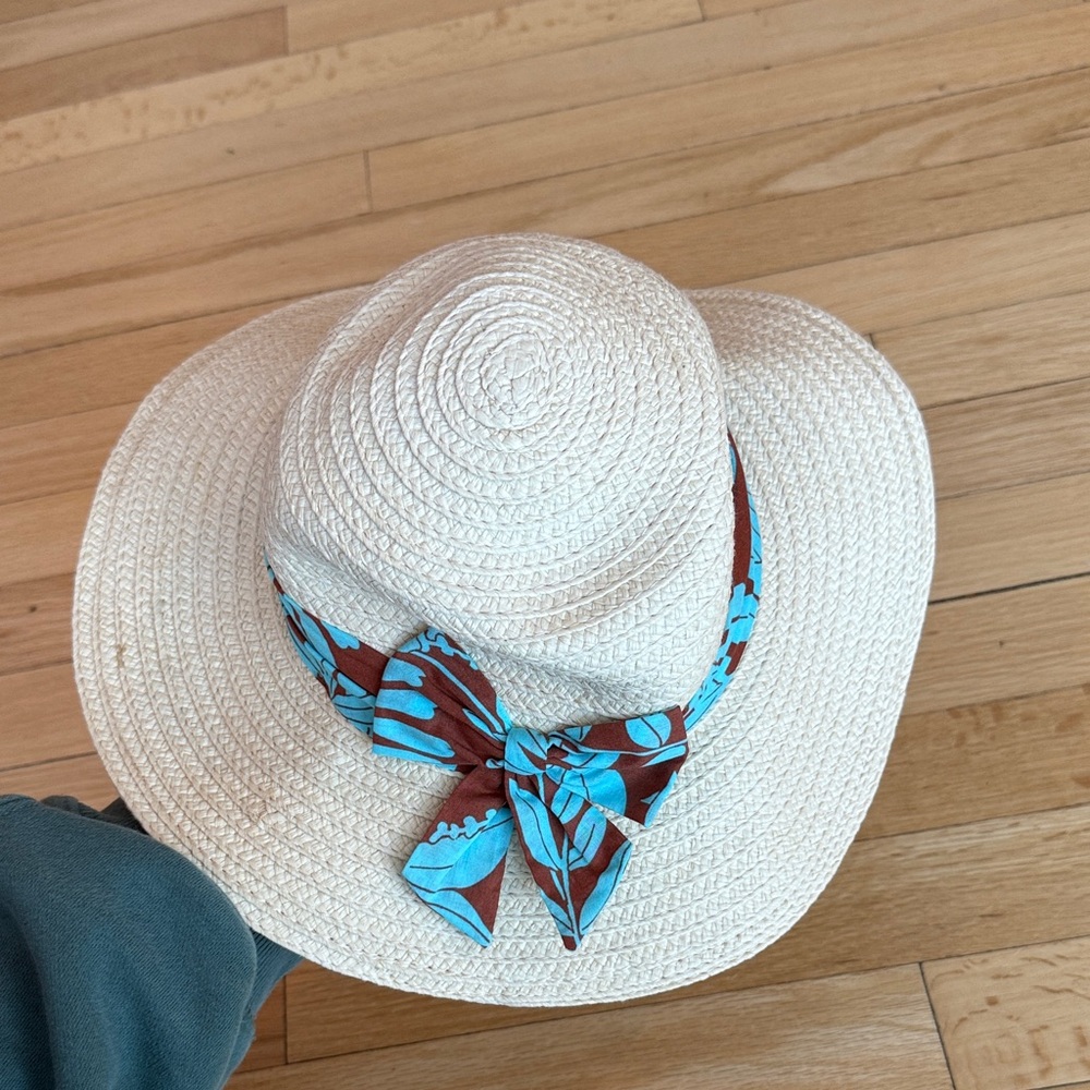 Janie and Jack Cream Straw Hat with Blue and Brown Trim